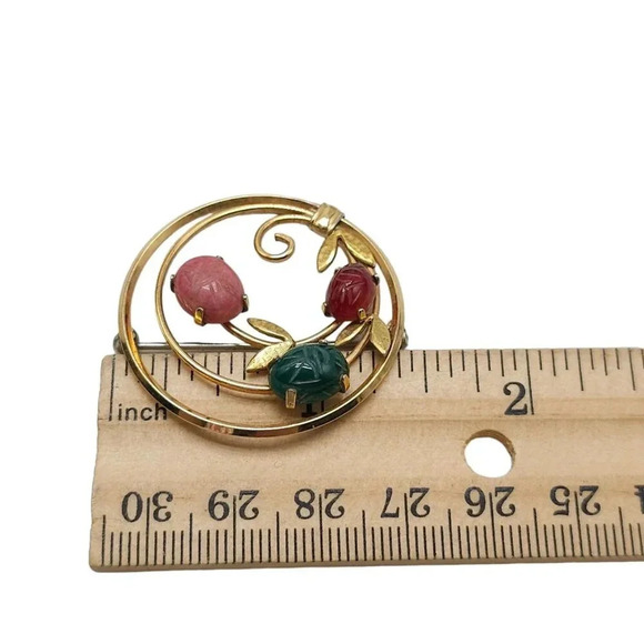 Krementz Texture Scarab Gemstones Circle Brooch Pin Gold Tone Vintage - Picture 5 of 5